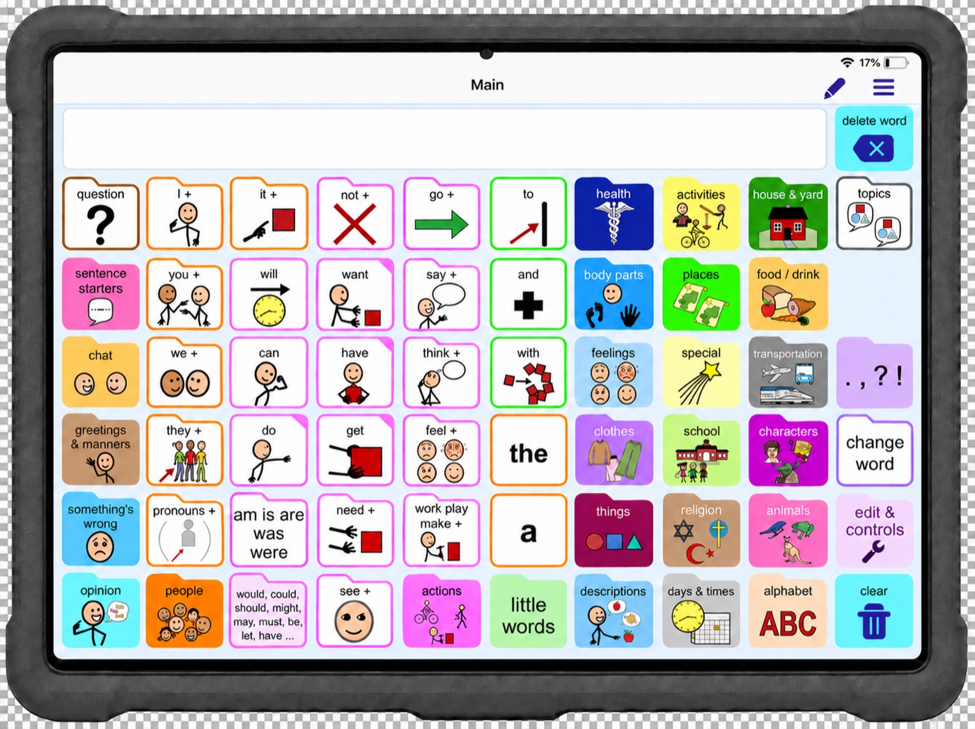 A PODD 60 page set running on an iPad, using SymbolStix symbols