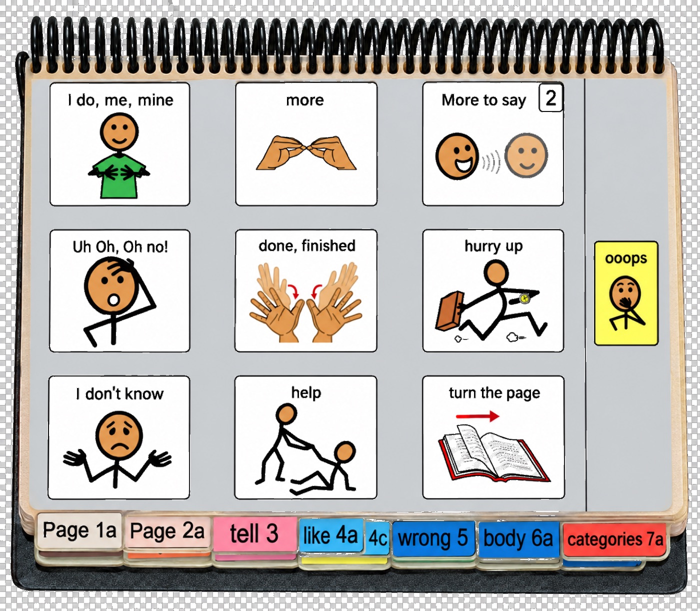 An early-functions PODD communication book open on a spiral-bound page
